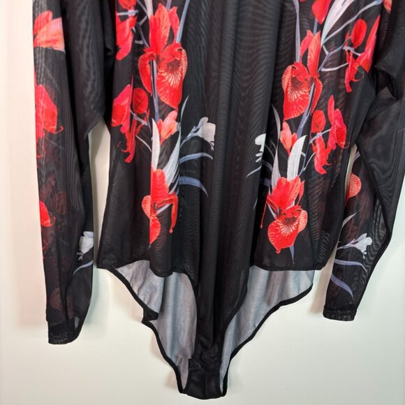 City Chic Bodysuit XXL Women's 24 Black Red Floral Sheer Mesh Mock Neck Stretch - Picture 3 of 8